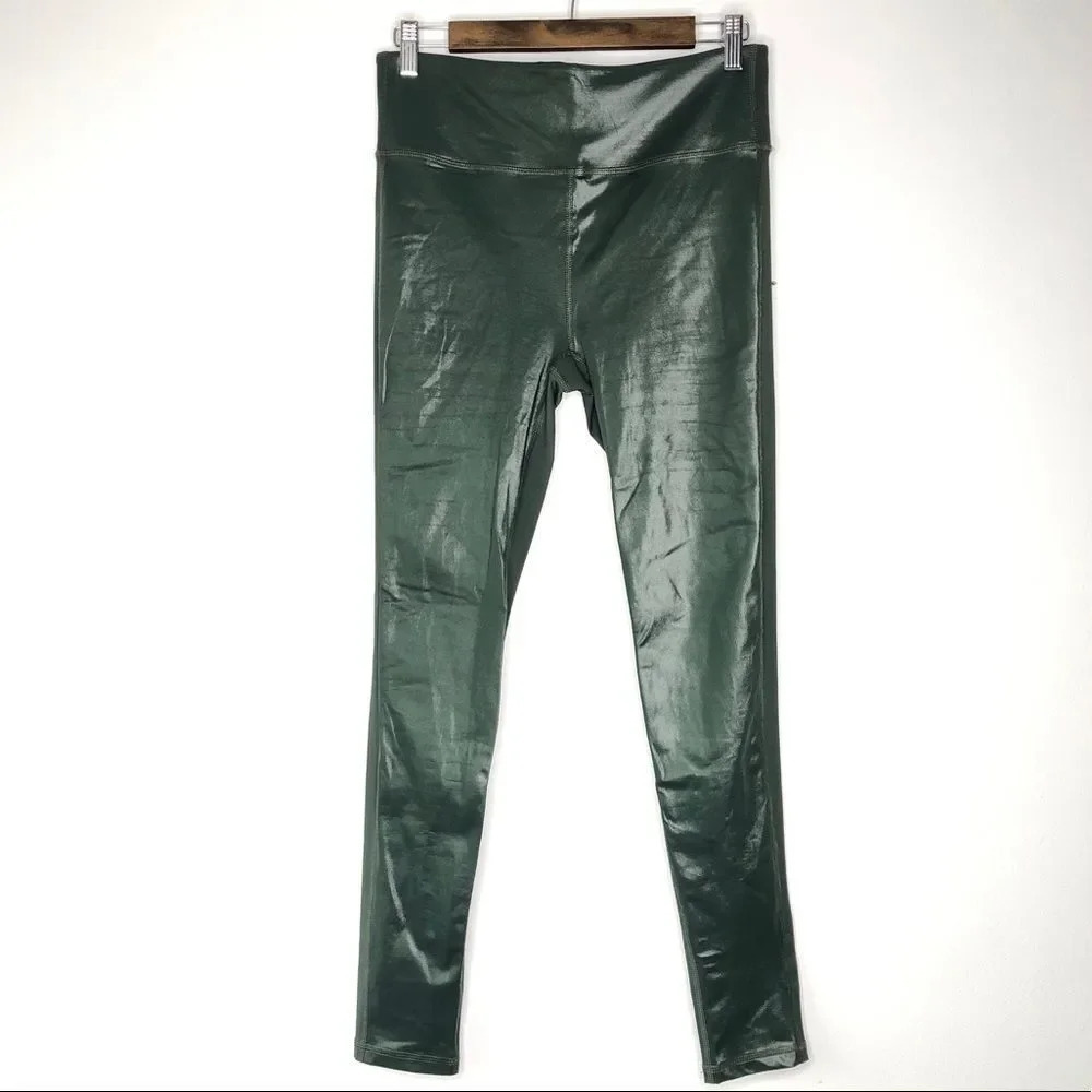 Peach Green High Rise‎ Glossy Faux Leather Front Matte Back Legging Size L - Picture 2 of 11